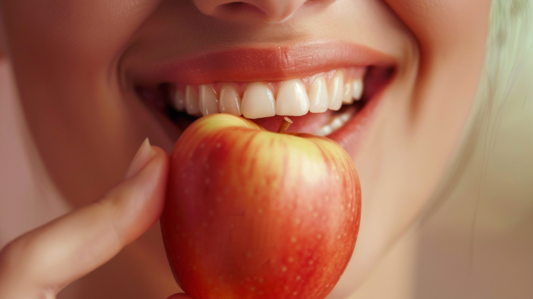 A Woman Enjoying a Crisp Organic Apple, Symbolizing the Role of Healthy Eating in Preventing Common Oral Health Problems