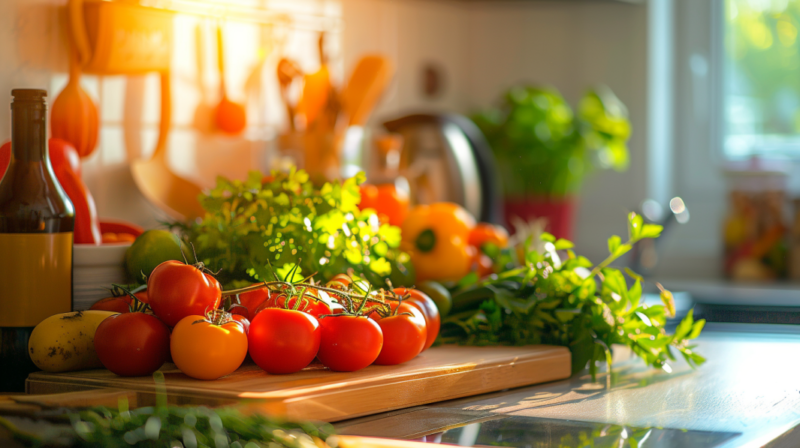 A Variety of Fresh Organic Foods, Including Fruits, Vegetables, and Herbs, Neatly Arranged on A Kitchen Table