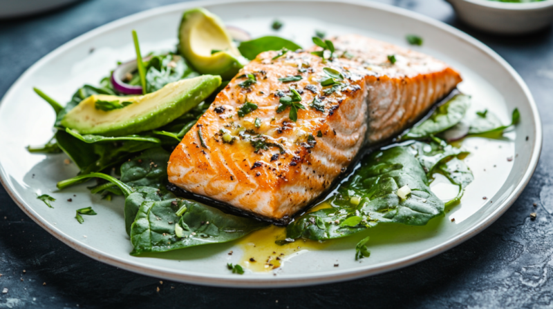 A Nutritious Plate Featuring Grilled Salmon with Fresh Avocado and Spinach, Emphasizing the Importance of Healthy Meals for Athletic Performance