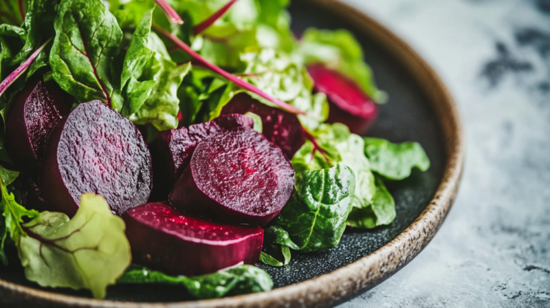 A Plate of Fresh Beetroot and Leafy Greens, Showcasing Nitrate-Rich Foods Known to Boost Endurance and Athletic Performance