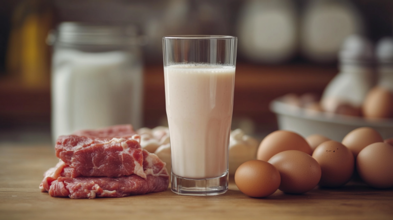 A Glass of Milk, Raw Meat, and Eggs on A Table, Representing Essential Protein-Rich Foods for Recovery and Muscle Repair After Athletic Training