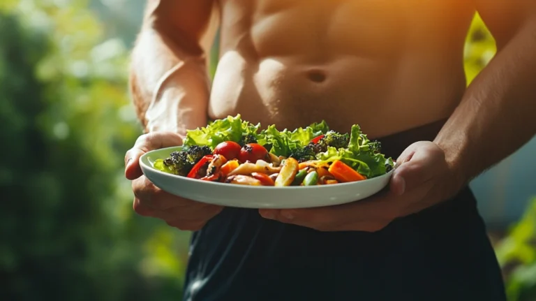 A fit athlete holding a plate of fresh vegetables and salad, highlighting the importance of proper nutrition in sports and athletic training