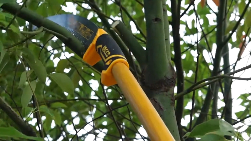 A Close-Up of A Handsaw with A Bright Yellow Handle